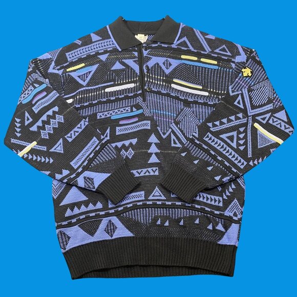 Descente Other - Vintage Descente Pullover Sweater Mens Medium Black & Blue Geometric Wool Blend